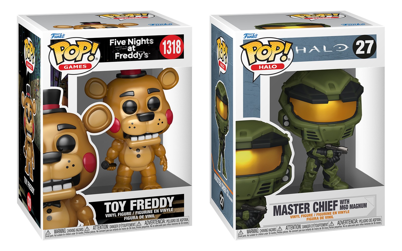 Cajas de Funko Pop Toy Freddy 1318 de Five Nights at Freddys (línea Pop! Games) y Master Chief 27 (línea Pop! Halo) sobre fondo blanco