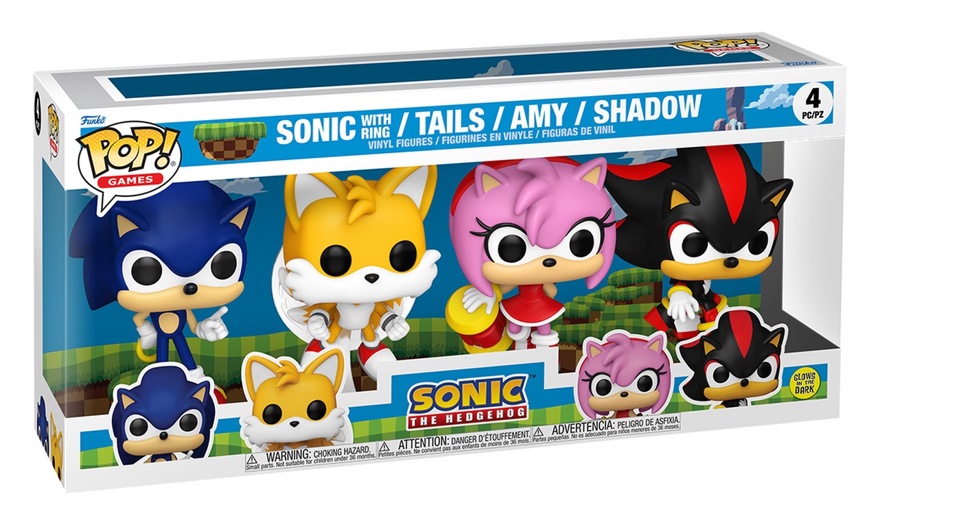 Caja del Funko Pop Sonic the Hedgehog 4-Pack Glow con Sonic, Tails, Amy y Shadow sobre fondo blanco