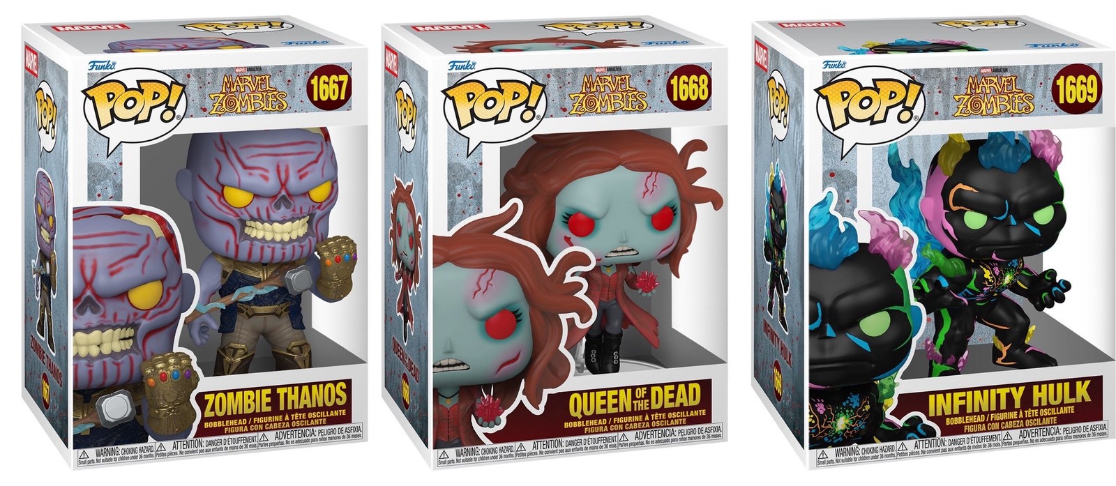 Cajas Funko Pop Marvel Zombies Zombie Thanos 1667, Queen of the Dead 1668 e Infinity Hulk 1669 sobre fondo blanco Cajas Funko Pop Marvel Zombies Zombie Thanos 1667, Queen of the Dead 1668 e Infinity Hulk 1669 sobre fondo blanco