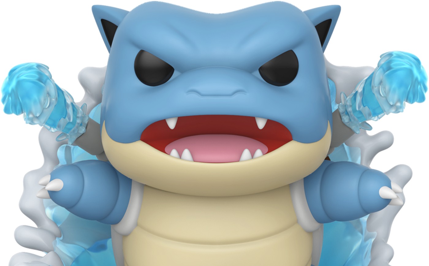 Detalle del Funko Pop Blastoise Premium 1273 de Pokémon: cara con la boca abierta, cañones con chorros de agua translúcidos, fondo blanco