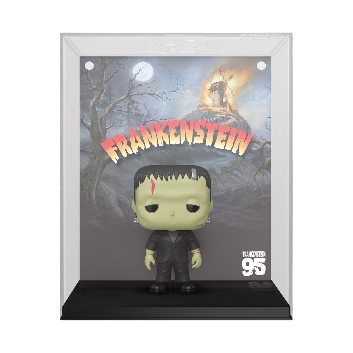 Funko Pop VHS Covers Frankenstein 95th Anniversary: monstruo de 1931 a color frente a portada con molino en llamas, en estuche acrílico Funko Pop VHS Covers Frankenstein 95th Anniversary: monstruo de 1931 a color frente a portada con molino en llamas, en estuche acrílico