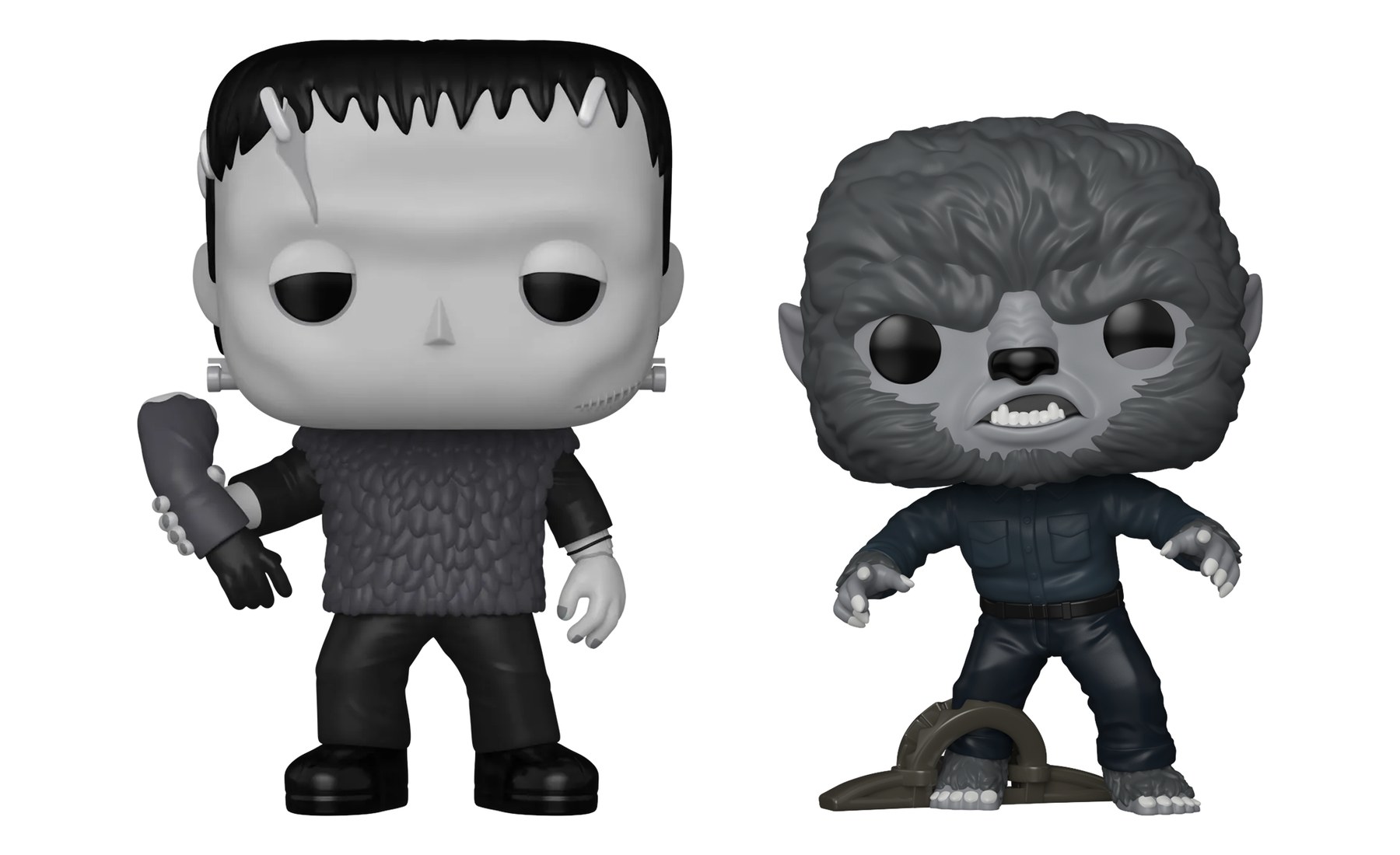 Funko Pop Frankenstein 2141 en escala de grises con chaleco de lana y brazo de Krogh junto a Funko Pop The Wolfman 2148 con trampa para osos, fondo blanco Funko Pop Frankenstein 2141 en escala de grises con chaleco de lana y brazo de Krogh junto a Funko Pop The Wolfman 2148 con trampa para osos, fondo blanco