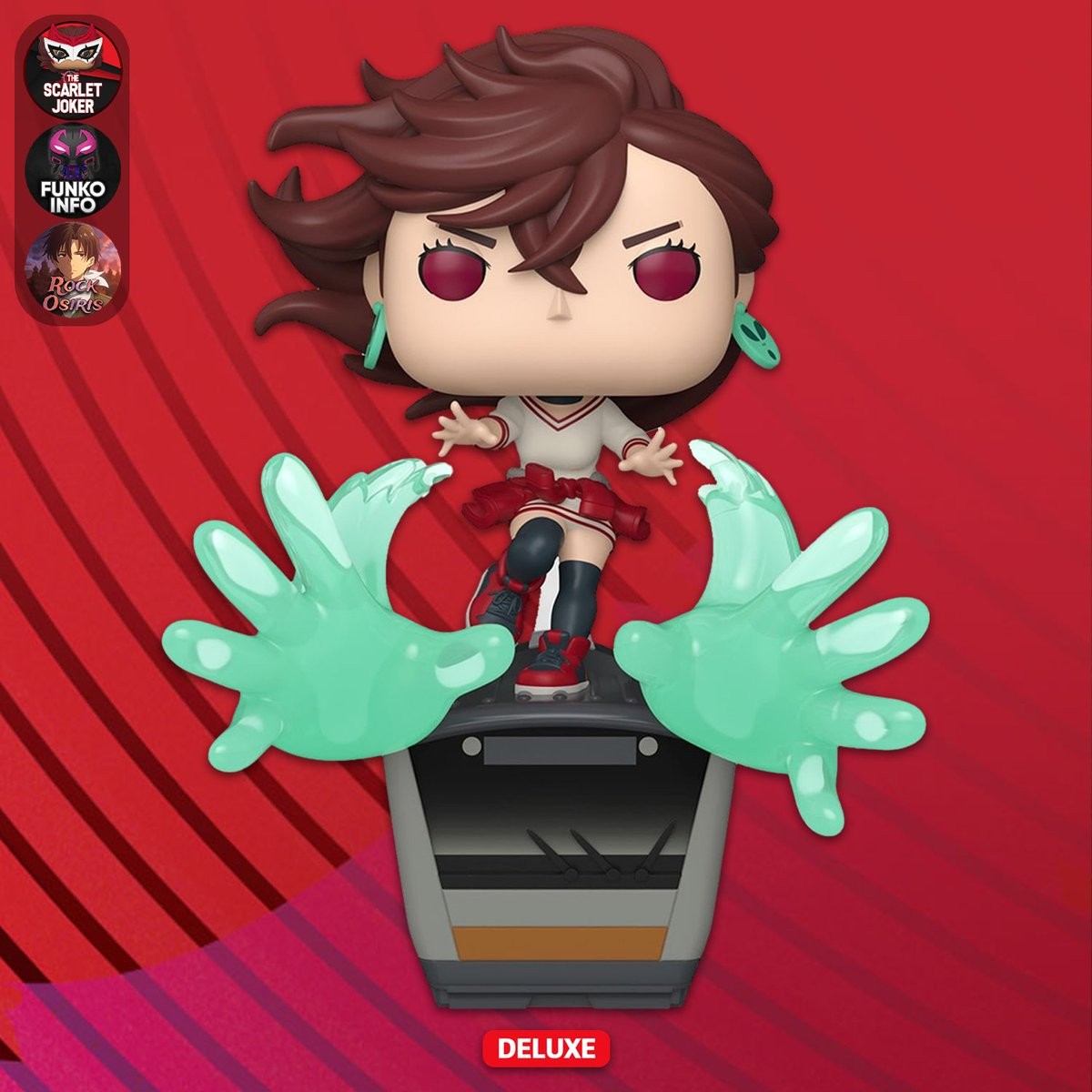 Funko Pop Deluxe Momo 2628 de Dandadan con manos psíquicas translúcidas verde agua sobre su base, render oficial