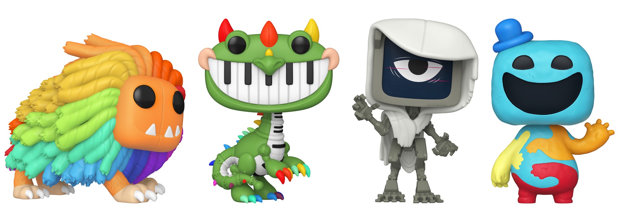 Funko Pop Poppy Playtime Serie 2: Yarnaby, Pianosaurus, The Doctor y Doey the Doughman fuera de caja, fondo blanco Funko Pop Poppy Playtime Serie 2: Yarnaby, Pianosaurus, The Doctor y Doey the Doughman fuera de caja, fondo blanco