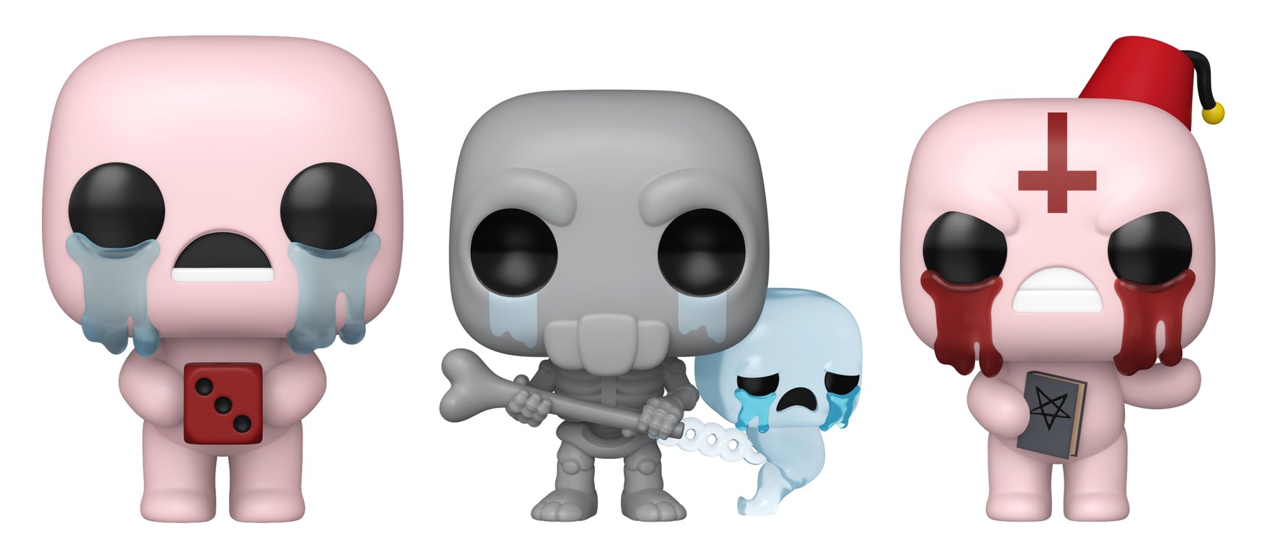 Funko Pop Isaac with D6 1178, The Forgotten 1338 y Judas 1337 de The Binding of Isaac juntos sobre fondo blanco Funko Pop Isaac with D6 1178, The Forgotten 1338 y Judas 1337 de The Binding of Isaac juntos sobre fondo blanco