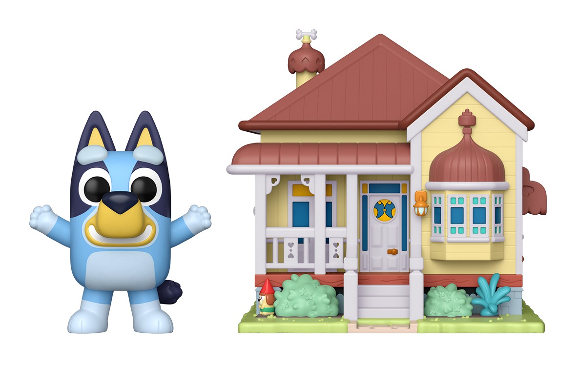Funko Pop Town Bluey 53 fuera de la caja: Bluey con los brazos abiertos junto a la casa Heeler amarilla de techo rojo, fondo blanco Funko Pop Town Bluey 53 fuera de la caja: Bluey con los brazos abiertos junto a la casa Heeler amarilla de techo rojo, fondo blanco