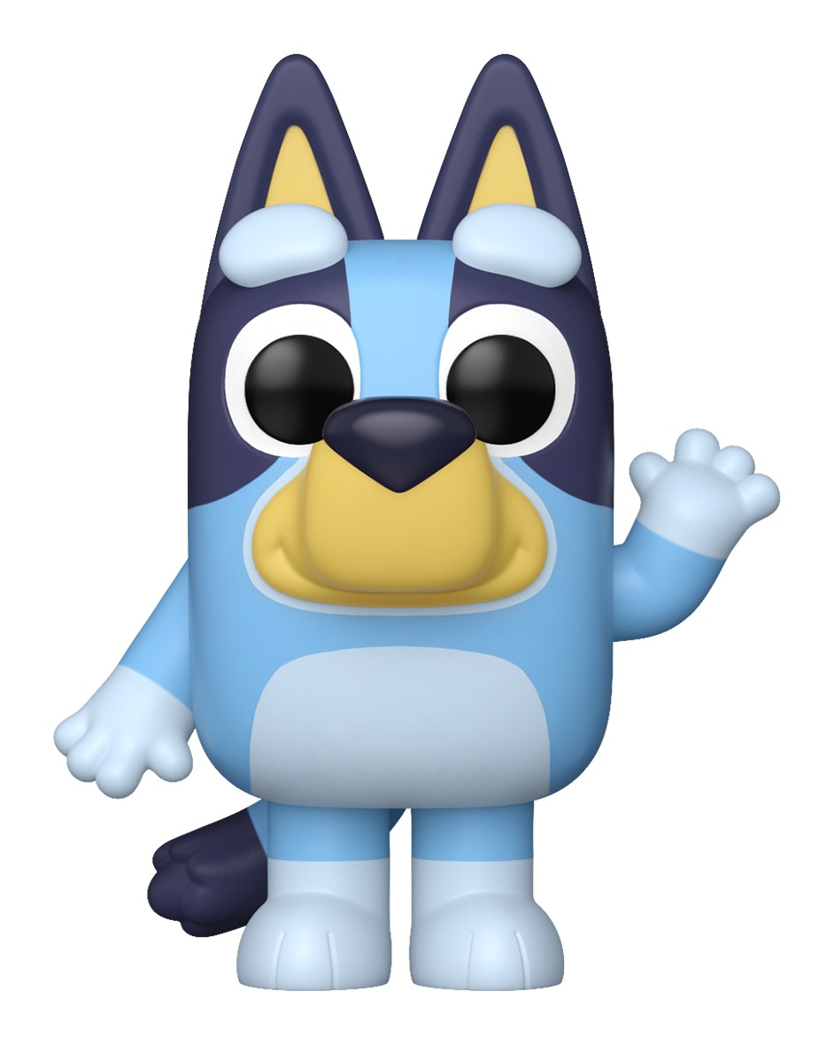 Funko Pop Bluey 2524 de la línea Pop! Animation saludando con una mano, fondo blanco Funko Pop Bluey 2524 de la línea Pop! Animation saludando con una mano, fondo blanco
