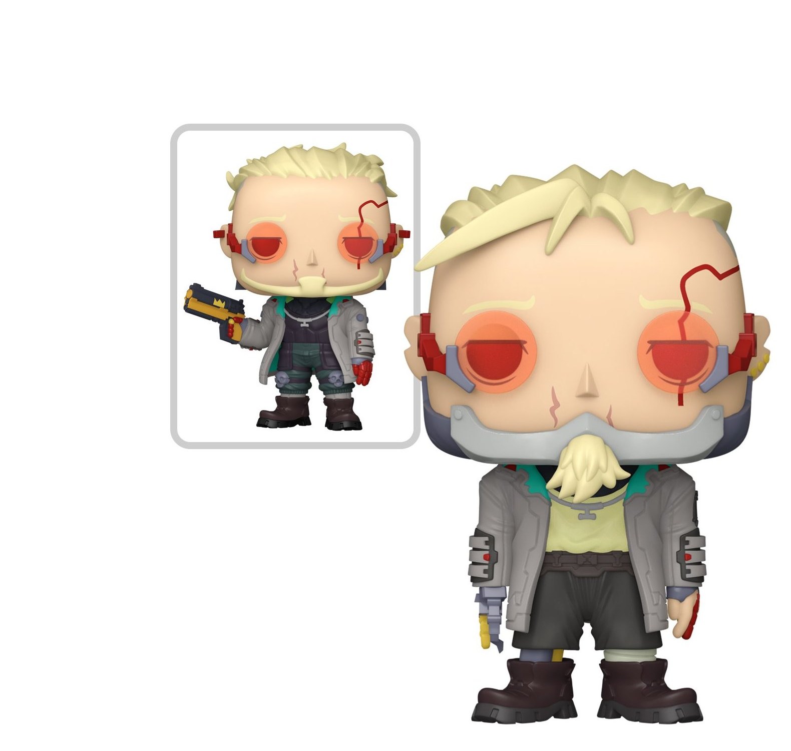 Funko Pop Weak 2596 de Cyberpunk Edgerunners 2 versión común con máscara e implantes rojos, y recuadro del Chase con pistola, fondo blanco Funko Pop Weak 2596 de Cyberpunk Edgerunners 2 versión común con máscara e implantes rojos, y recuadro del Chase con pistola, fondo blanco